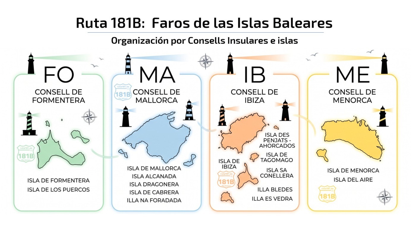 Agrupamos todos los faros y las etapas respetando la división territorial de sus 4 Consells Insulares. A cada Consell le hemos asignado un acrónimo distintivo (Fo, Ma, Ib, Me)